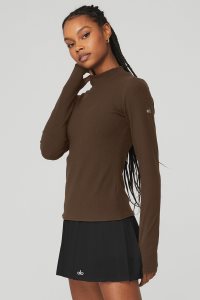 Long Sleeve Alo Yoga Wellness Rib Mock Neck Káva | OIXERCP-91