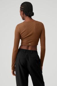 Long Sleeve Alo Yoga Žebrovaný Cropped Whisper Hnědé | WJMVYIG-56