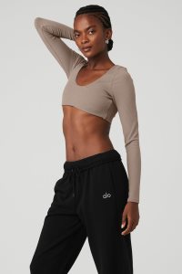 Long Sleeve Alo Yoga Žebrovaný Defined Šedé Hnědé | DFSORAY-84