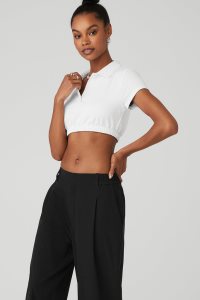 Short Sleeve Alo Yoga Cropped Prestige Polo Bílé | EBDVJCI-03