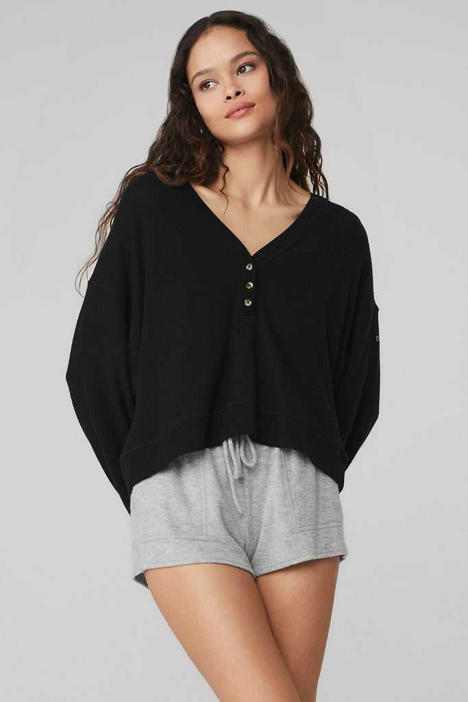 Long Sleeve Alo Yoga Alolux Soho Crop Henley Černé | NZKJLVI-20