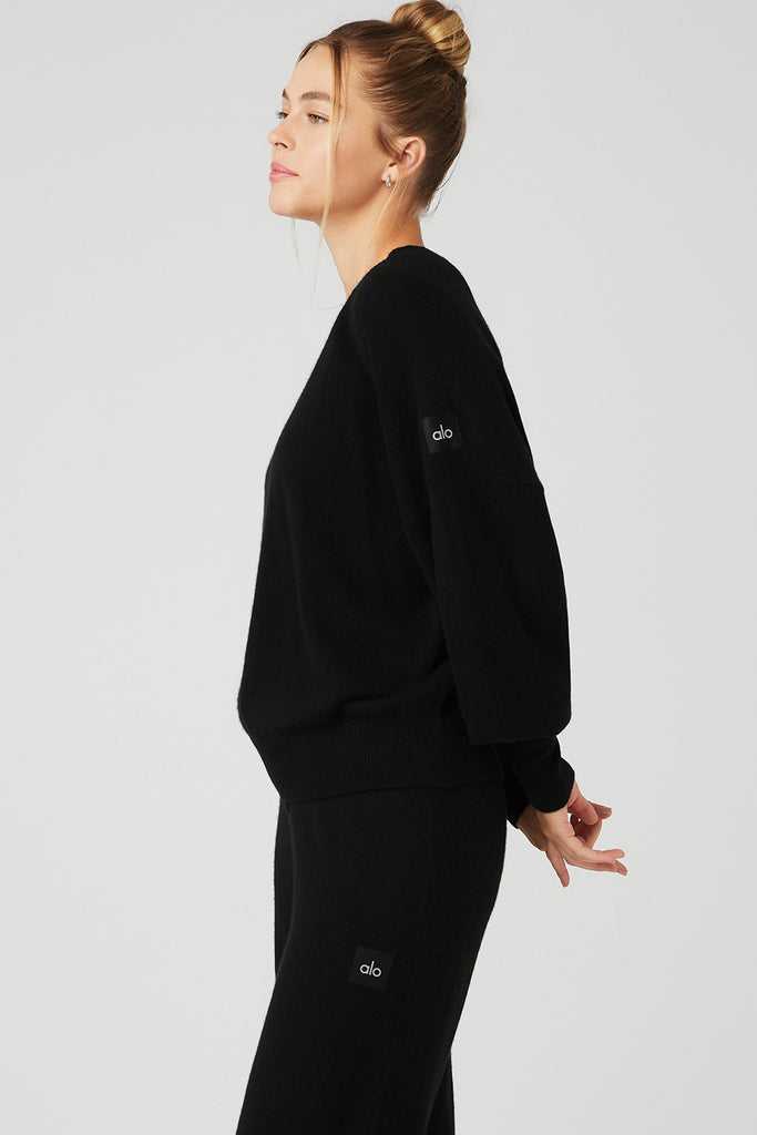 Long Sleeve Alo Yoga Cashmere Jet Set Crew Černé | GWNSEZQ-13