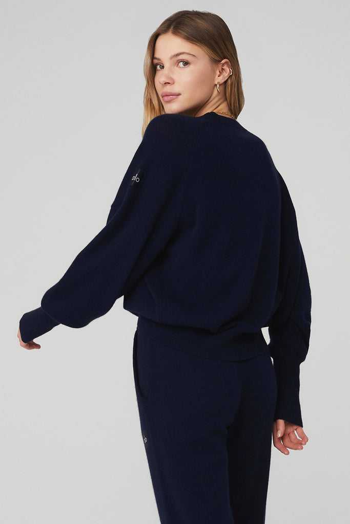 Long Sleeve Alo Yoga Cashmere Jet Set Crew Tmavě Blankyt | SUFEQWJ-07