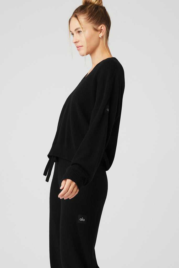 Long Sleeve Alo Yoga Cashmere Jet Set V-Neck Černé | VPSLWDO-60