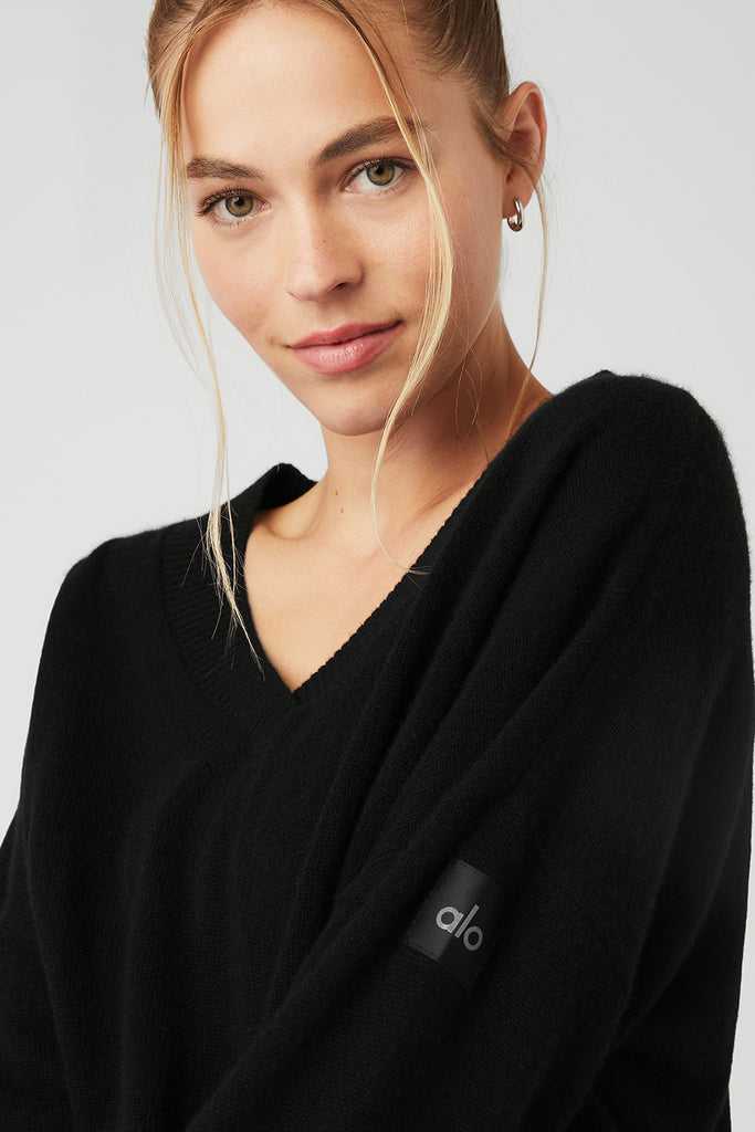 Long Sleeve Alo Yoga Cashmere Jet Set V-Neck Černé | VPSLWDO-60