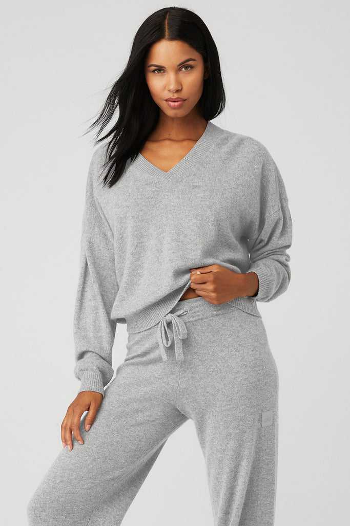 Long Sleeve Alo Yoga Cashmere Jet Set V-Neck Šedé | YPDIXEG-59