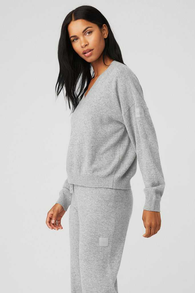 Long Sleeve Alo Yoga Cashmere Jet Set V-Neck Šedé | YPDIXEG-59