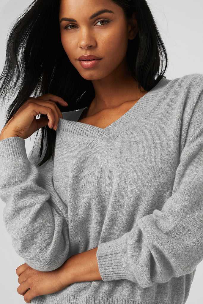 Long Sleeve Alo Yoga Cashmere Jet Set V-Neck Šedé | YPDIXEG-59