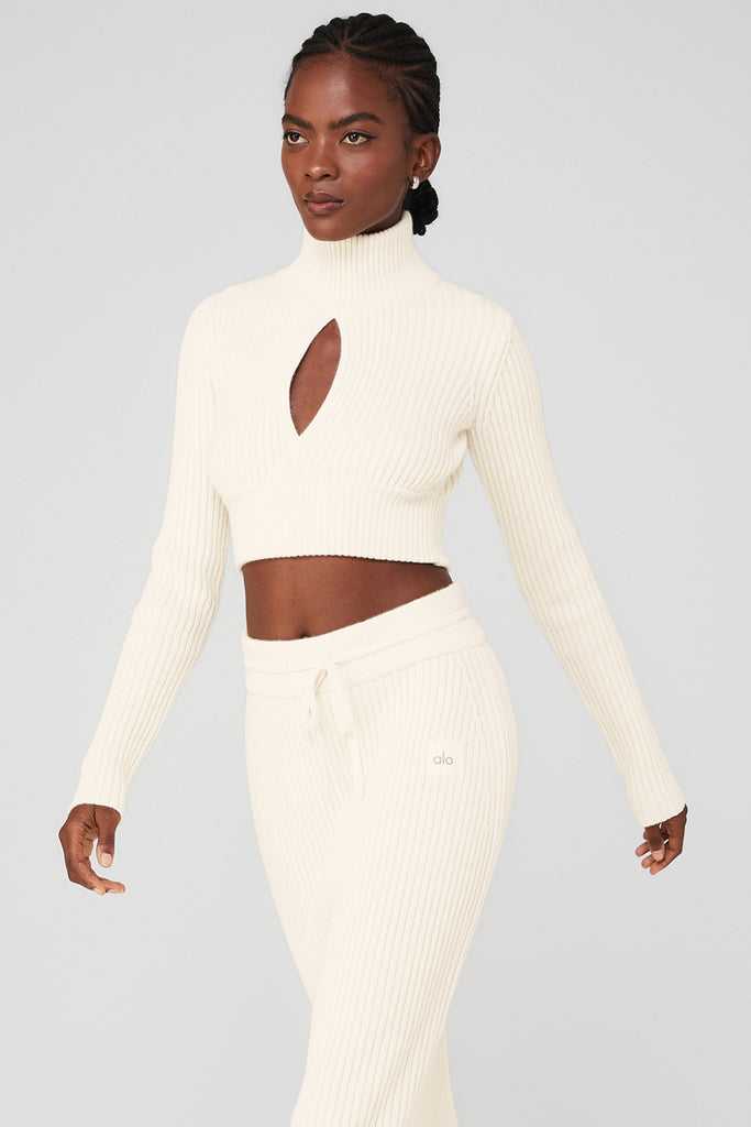 Long Sleeve Alo Yoga Cashmere Žebrovaný Zimní Dream Cropped Turtleneck Bílé | BGTCNSQ-70