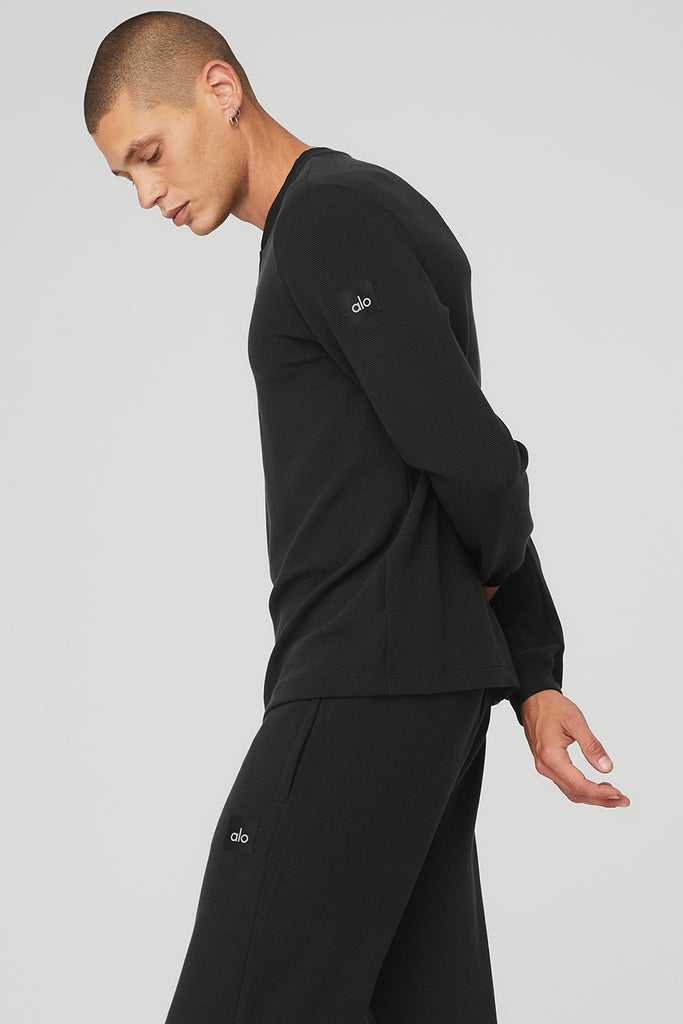 Long Sleeve Alo Yoga Micro Waffle Fast Break Henley Černé | PENCXUO-98