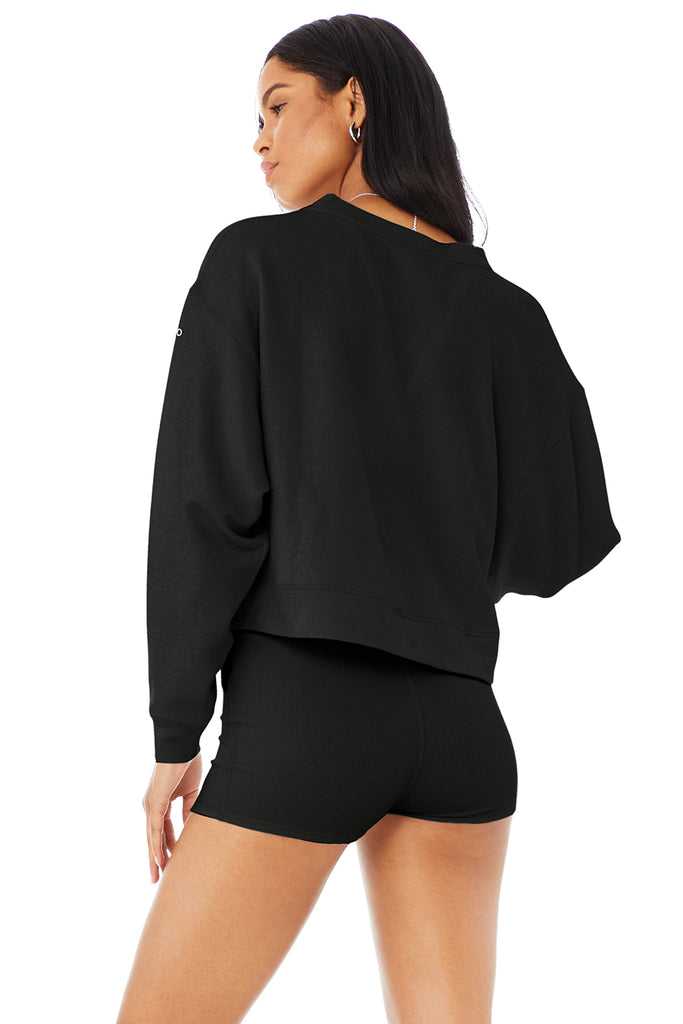 Long Sleeve Alo Yoga Micro Waffle Pleasant Cropped Henley Černé | TKFOMBG-16