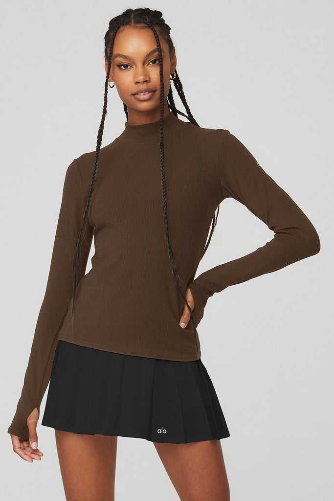 Long Sleeve Alo Yoga Wellness Rib Mock Neck Káva | OIXERCP-91