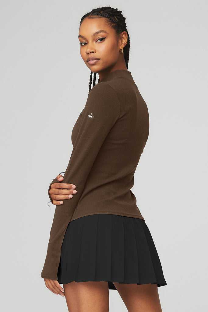 Long Sleeve Alo Yoga Wellness Rib Mock Neck Káva | OIXERCP-91