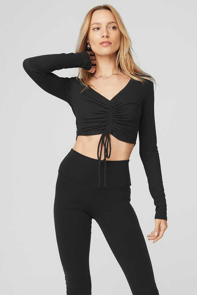 Long Sleeve Alo Yoga Žebrovaný Cinch Cropped Černé | PKAWQHE-67