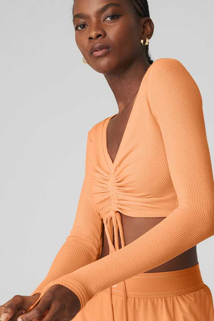 Long Sleeve Alo Yoga Žebrovaný Cinch Cropped Oranžové | PKCVMQT-20