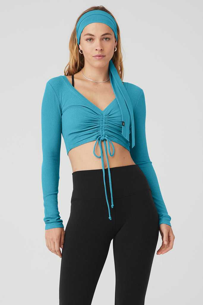 Long Sleeve Alo Yoga Žebrovaný Cinch Cropped Blankyt | RUWOMKV-59