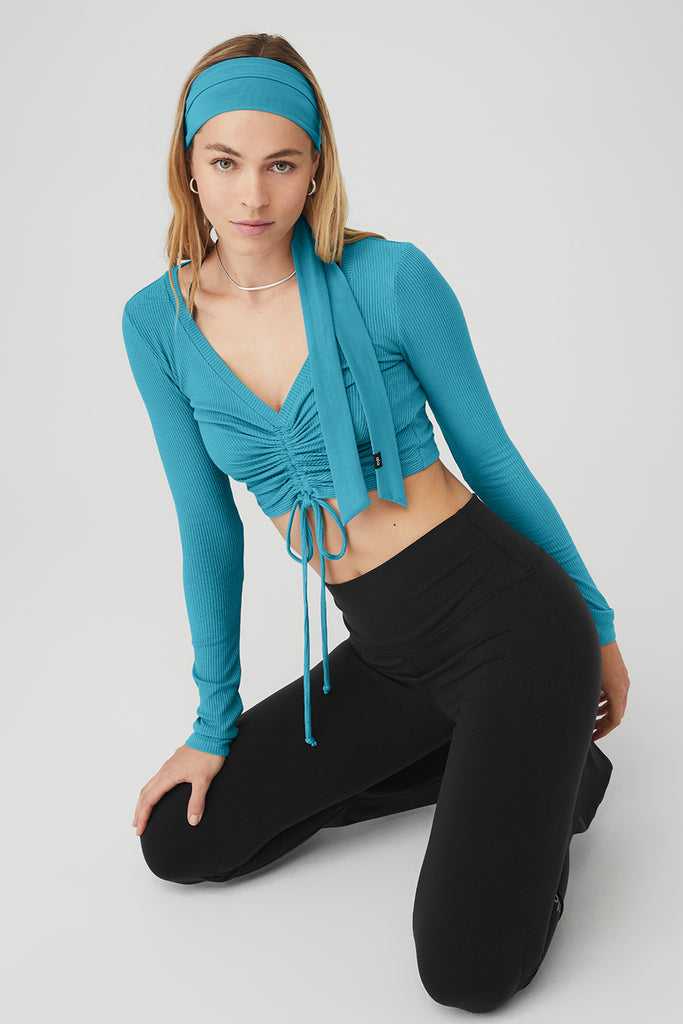 Long Sleeve Alo Yoga Žebrovaný Cinch Cropped Blankyt | RUWOMKV-59