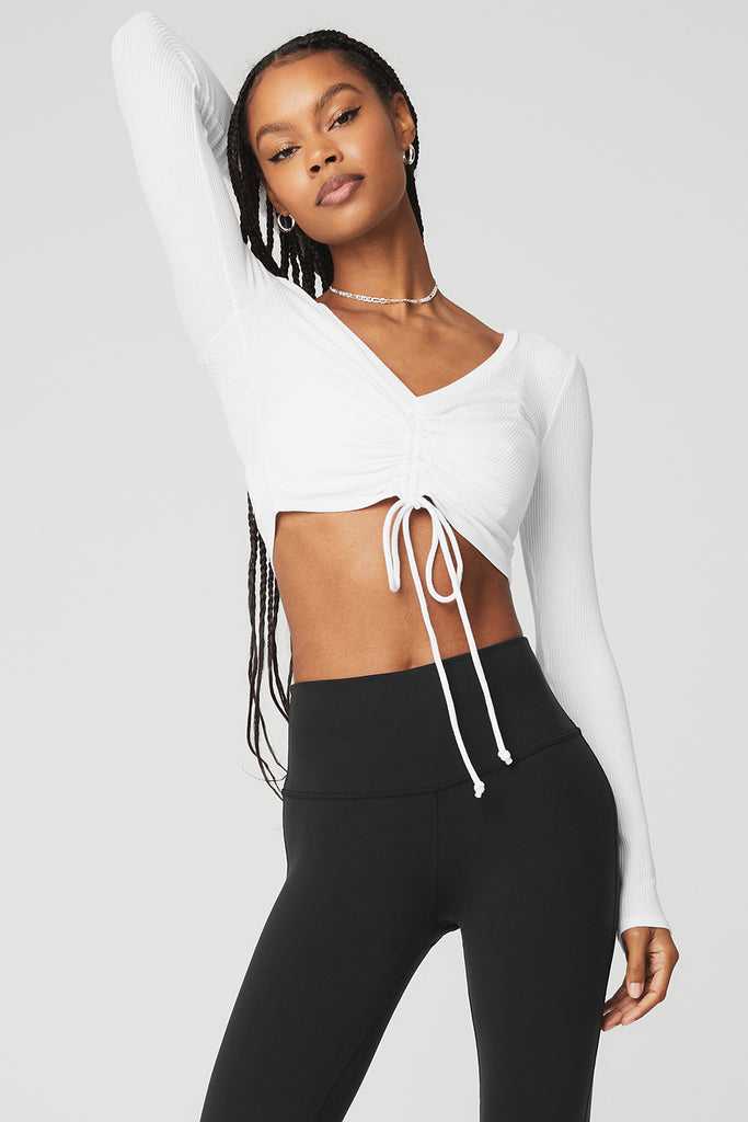 Long Sleeve Alo Yoga Žebrovaný Cinch Cropped Bílé | SUZHPQB-19