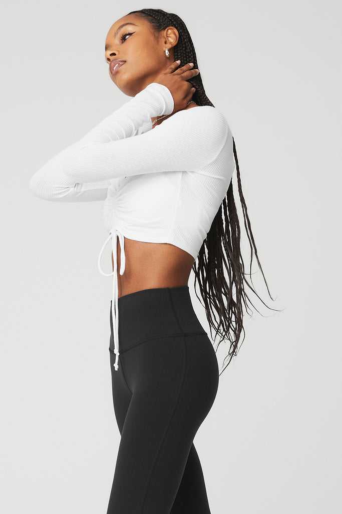 Long Sleeve Alo Yoga Žebrovaný Cinch Cropped Bílé | SUZHPQB-19