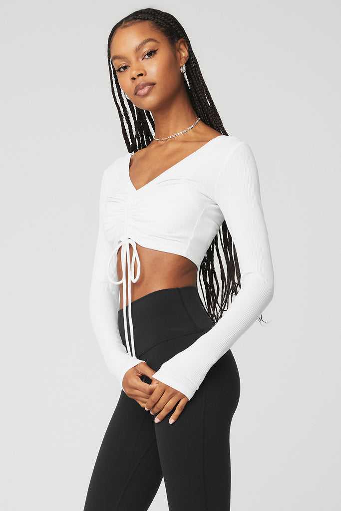 Long Sleeve Alo Yoga Žebrovaný Cinch Cropped Bílé | SUZHPQB-19