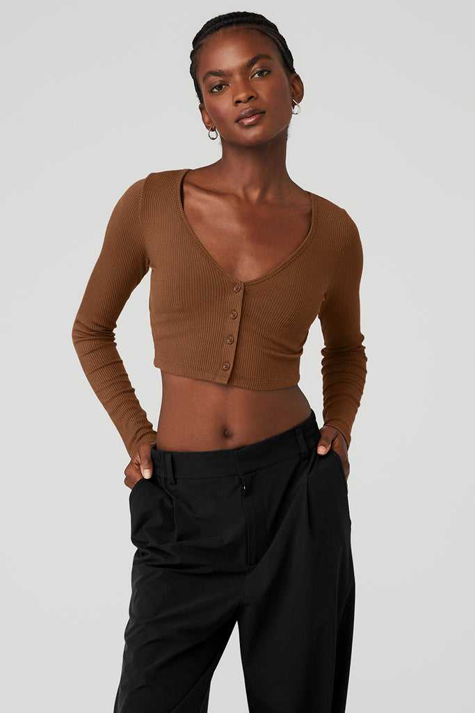 Long Sleeve Alo Yoga Žebrovaný Cropped Whisper Hnědé | WJMVYIG-56