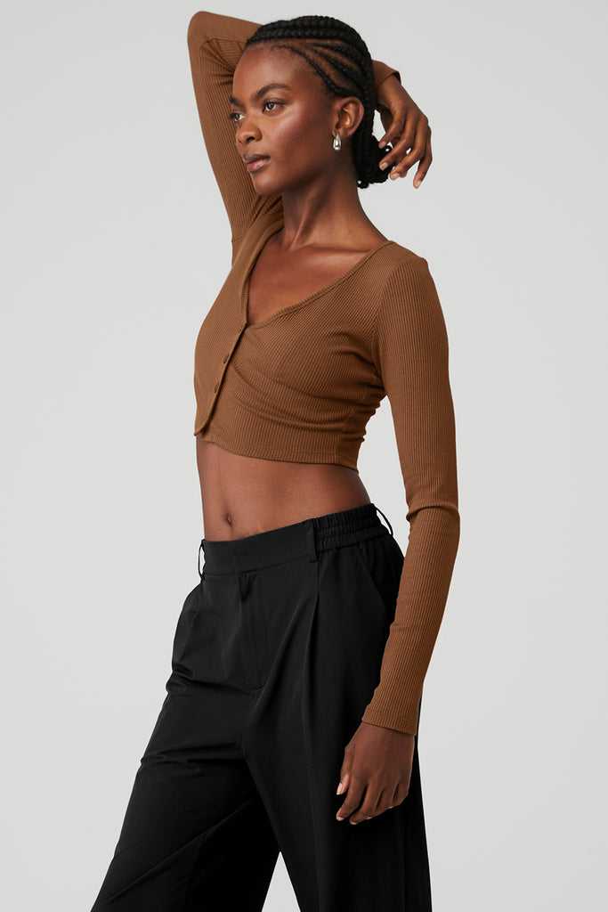 Long Sleeve Alo Yoga Žebrovaný Cropped Whisper Hnědé | YMEXFUQ-48