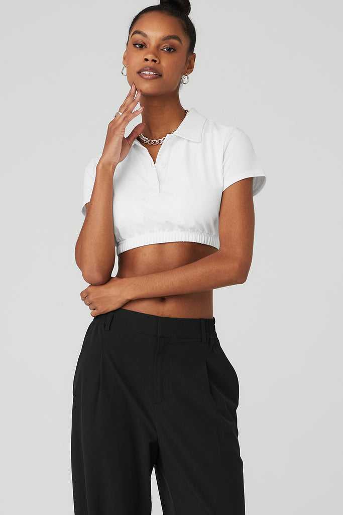 Short Sleeve Alo Yoga Cropped Prestige Polo Bílé | EBDVJCI-03