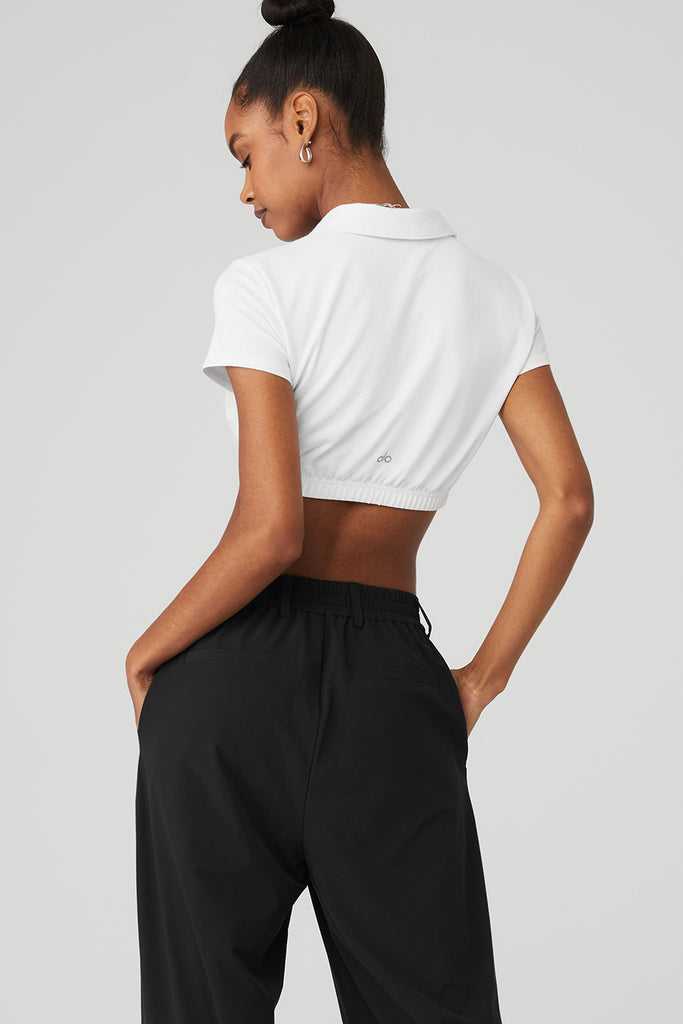 Short Sleeve Alo Yoga Cropped Prestige Polo Bílé | EBDVJCI-03