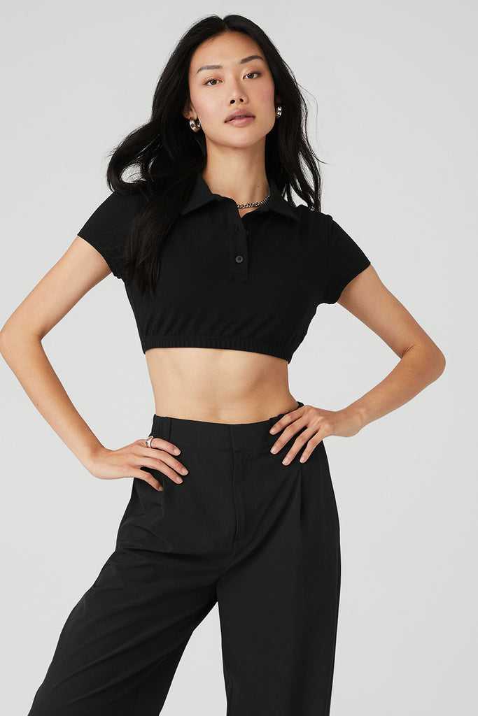 Short Sleeve Alo Yoga Cropped Prestige Polo Černé | XWYHJKF-18