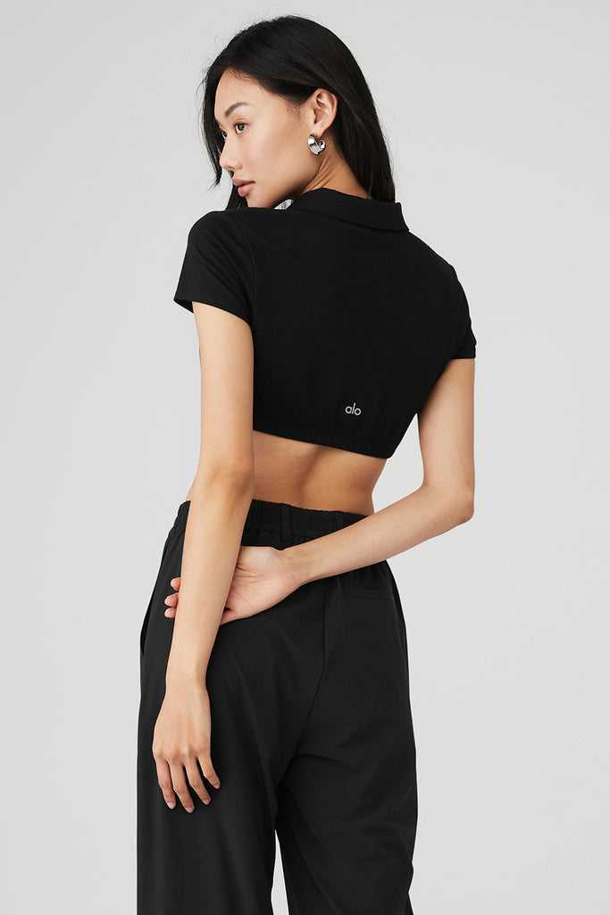 Short Sleeve Alo Yoga Cropped Prestige Polo Černé | XWYHJKF-18