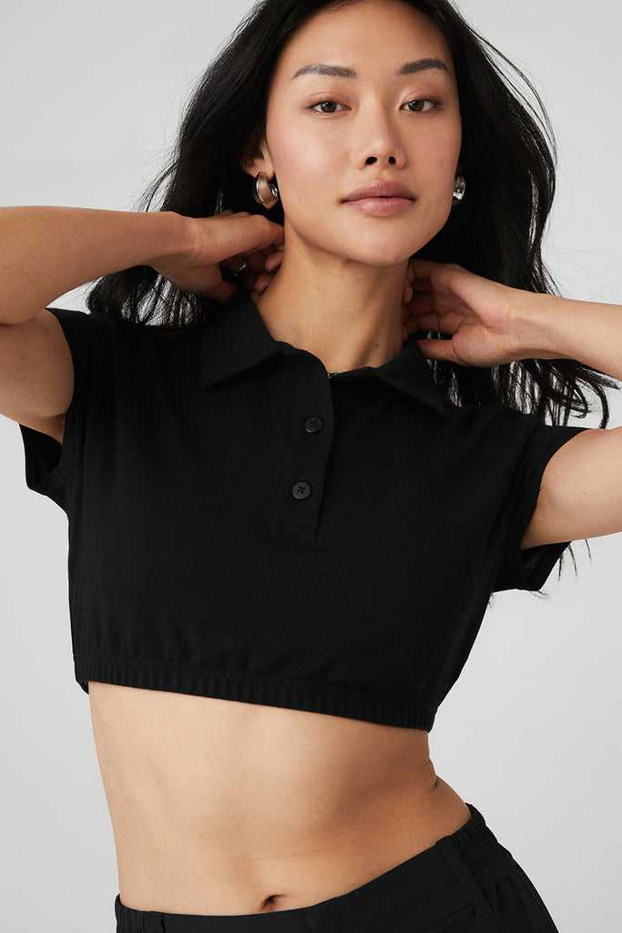 Short Sleeve Alo Yoga Cropped Prestige Polo Černé | XWYHJKF-18