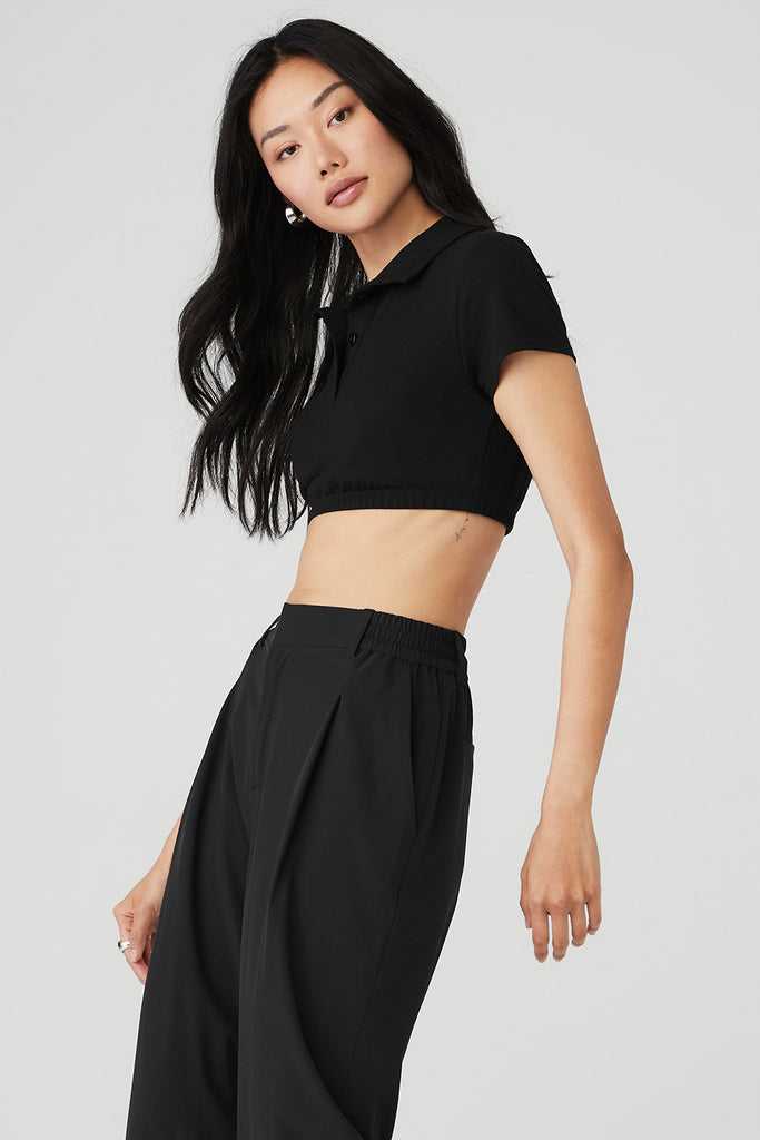 Short Sleeve Alo Yoga Cropped Prestige Polo Černé | XWYHJKF-18